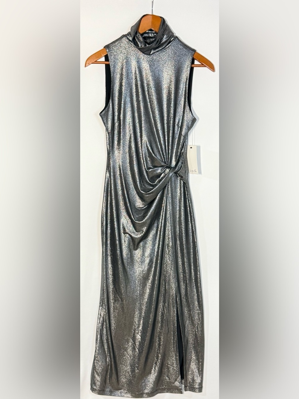 NWT Harper Rose Wedding Guest Metallic Maxi Dress Silver Mock Neck Knot Front - Picture 2 of 7